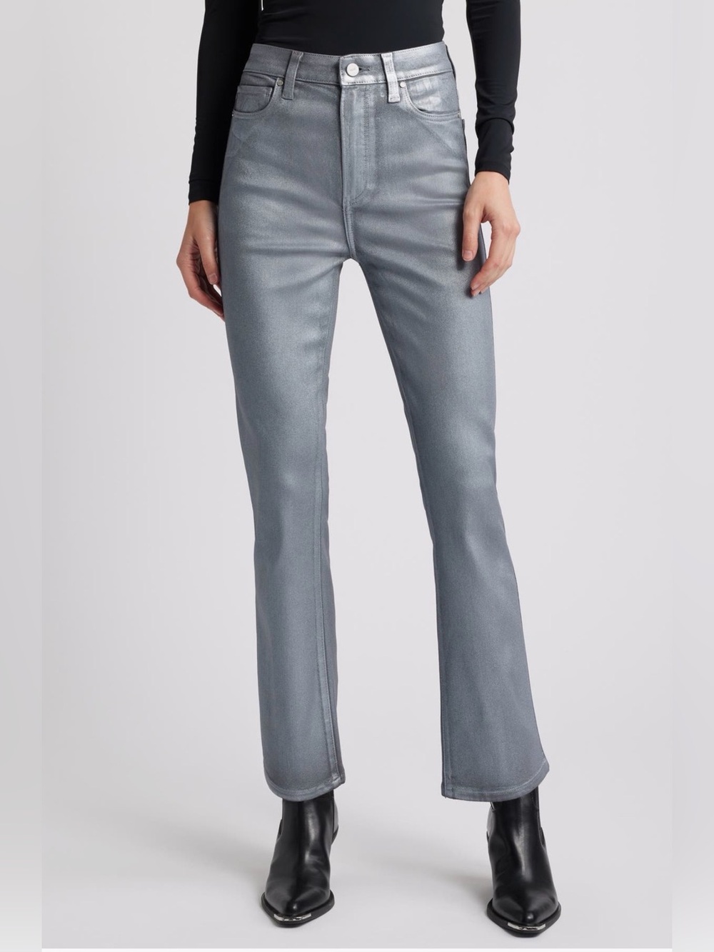 NWT PAIGE Claudine Silver Shimmer Metallic Coated High Rise Flare Jeans
